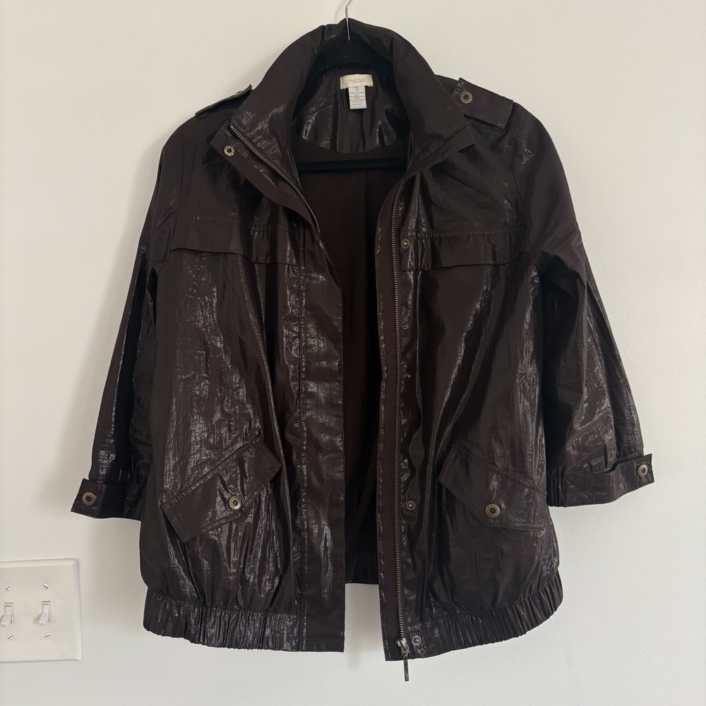 Chico's Size 1 Brown  Waxed Full Zip Jacket Hooded Pockets Classy City
